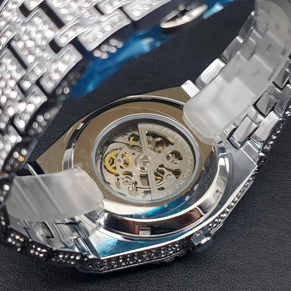 Luxe Mechaincal Heren Horloge Iced Diamond Hiphop Automatische Horloges Met Holle Wijzerplaat Lichtgevende Handklok Voor Mannelijke Dropshipping