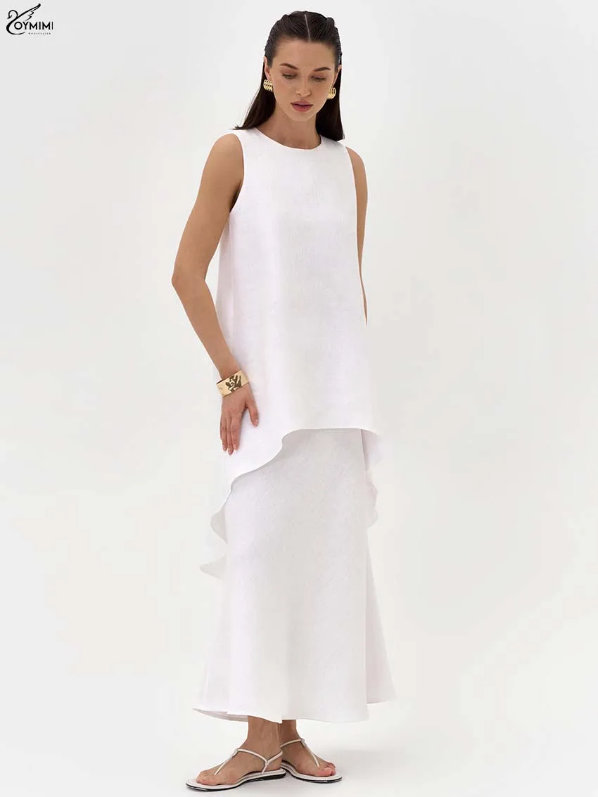 

Oymimi Elegant White Cotton 2 Piece Sets Woman Outfit Casual O-Neck Sleeveless Button Blouses And Simple Ankle-Length Skirts Set