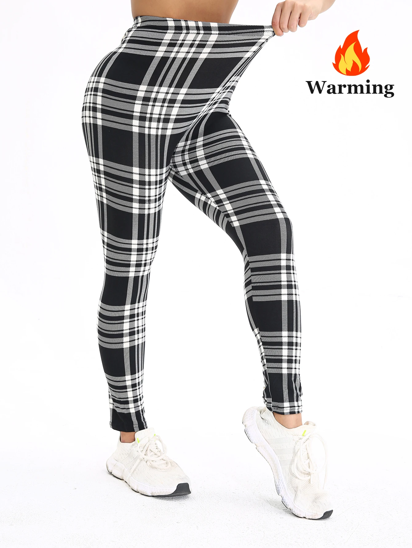 Autumn Winter 1PACK Women's Black and White Checkered Thick Velvet Sexy Tight Legging Casual Sports Elegant Fitness Yoga Pants