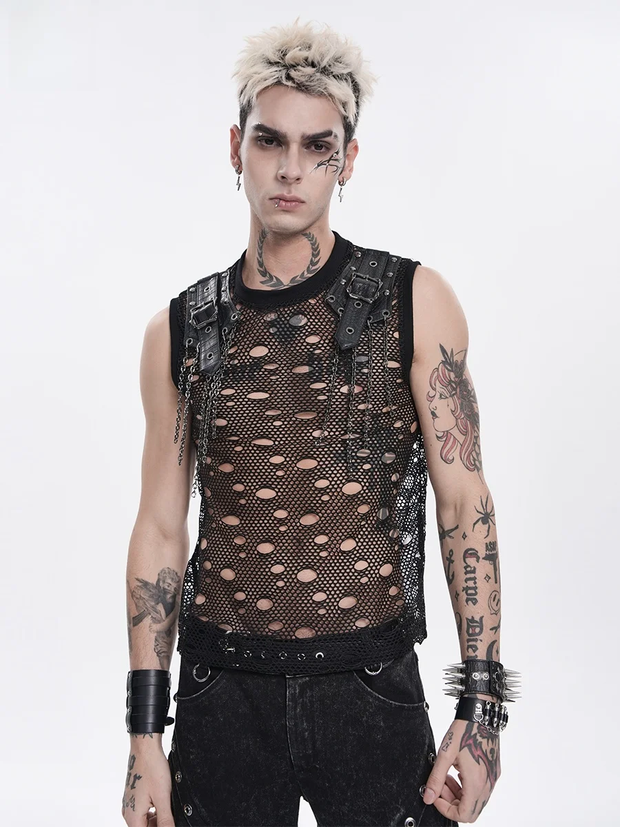 Punk Style Devil Fashion T-Shirt Hollow out round Neck Sleeveless Mesh Top Dry Fast Nylon Polyester Cotton Spandex Leather