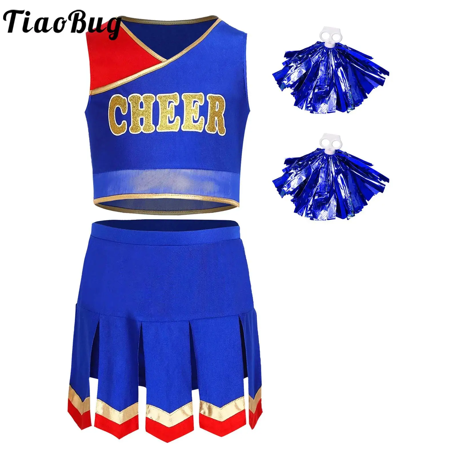

3 шт., костюмы для косплея Cheer Leader для девочек, майка и танцевальная юбка, униформа Cheer Leader, наряд и комплект с цветами для черлидинга