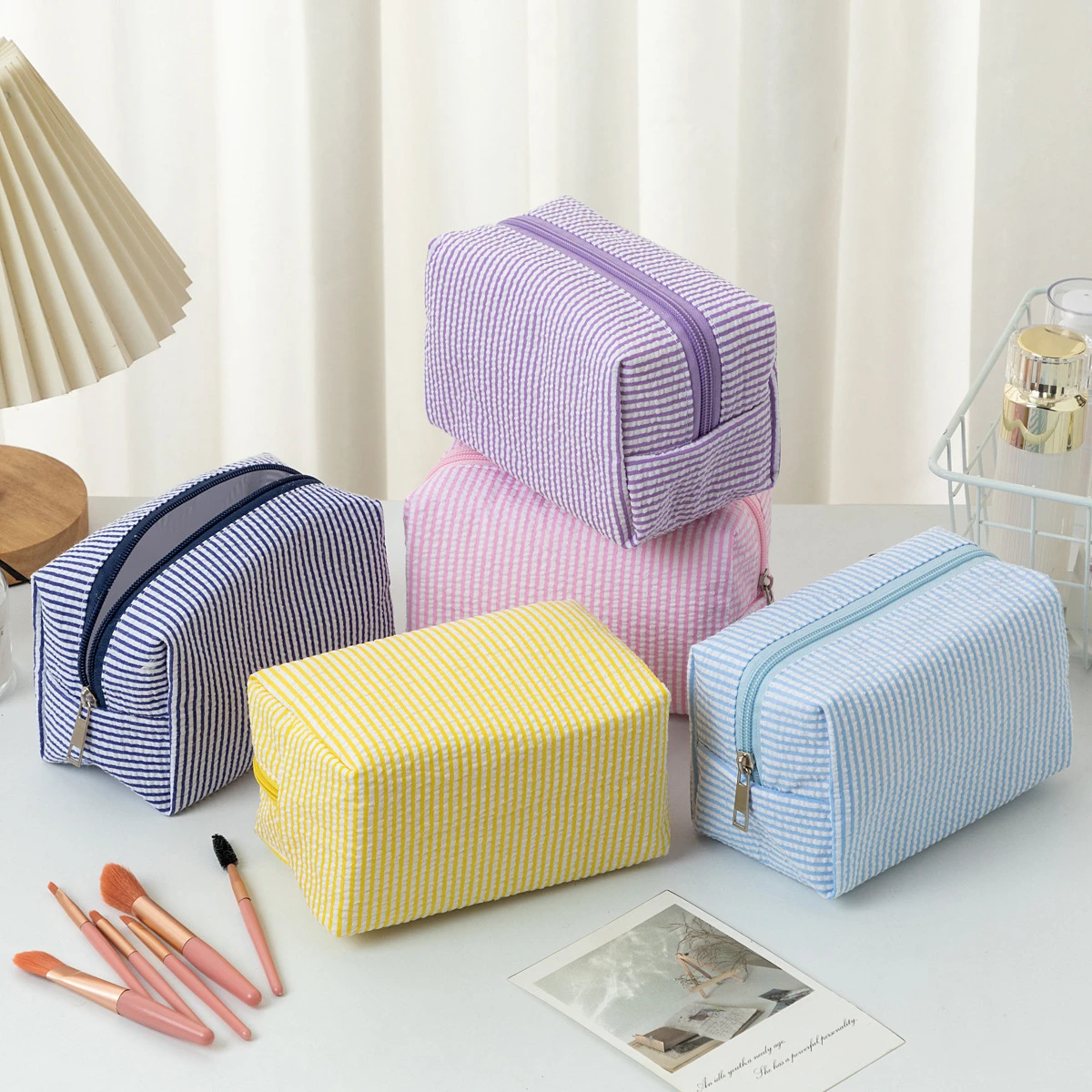 Fashion Striped Make Up Bags for Women Cosmetic Bag Large Zipper Travel Cosmetic Organizer Makeup Bag Pencil Case Girl