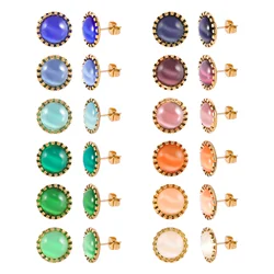 12 Pairs Surgical Stainless Steel Cat's Eye Stone Stud Earring, 18K Gold Plated Multicolor Stud Earrings Set for Women