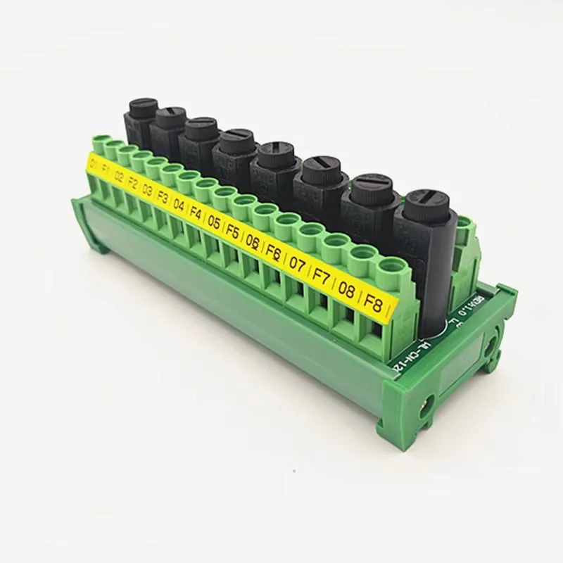 DIN Rail Mount 8 Channel  Fuses 16 Position Screw Terminal Block Distribution Module 10A 5x20mm Black fuse holder.