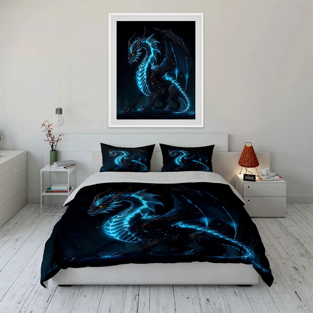 Fantasy Black Dragon with Blue Light Print bedding Set. Exquisite three-piece bedding set gift for kids and adults