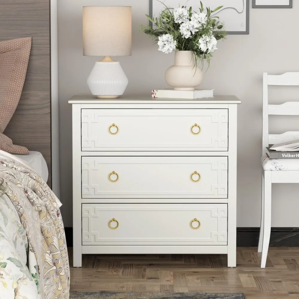 Farmhouse 3-Drawer Dresser, Fully-Assembled Embossed Geometric Lines Rustic Dresser,Nightstands for Living Room.