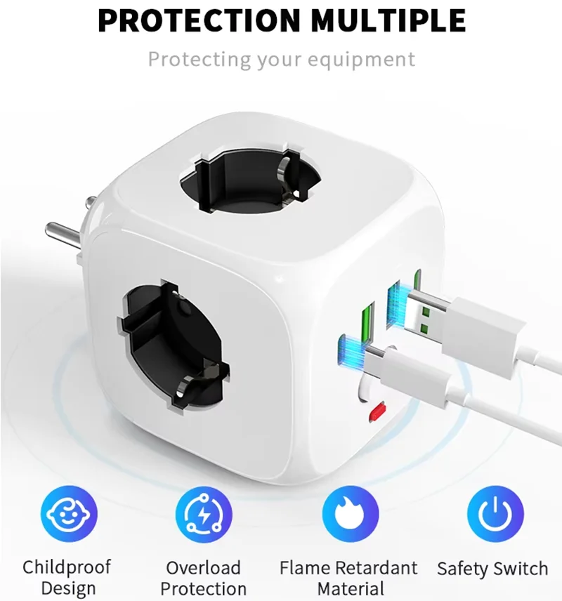 

Power Strip Wall Socket Extender with 2 meter extension line 3 AC Outlets 2 USB Ports And 2Type C 7-in-1 EU Plug Charger Switch