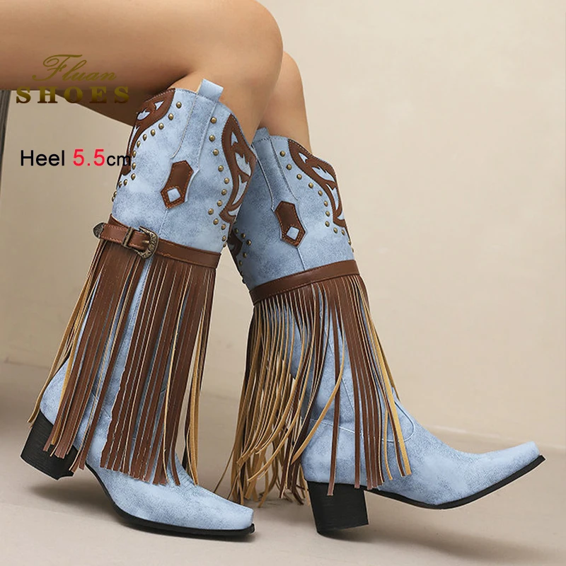 

Ковбойские сапоги на высоком каблуке, женские сапоги в стиле ретро, британский стиль, высокие сапоги с кожаной пряжкой и кисточками, модные сапоги до колена на грубом каблуке