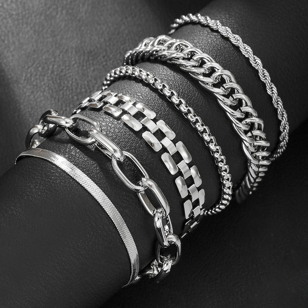

6Pcs Punk Fashion Chunky Chain Bracelet Set for Men Vintage Metal Twisted Designs Multi Layered Bracelets Street Wear Jewelry