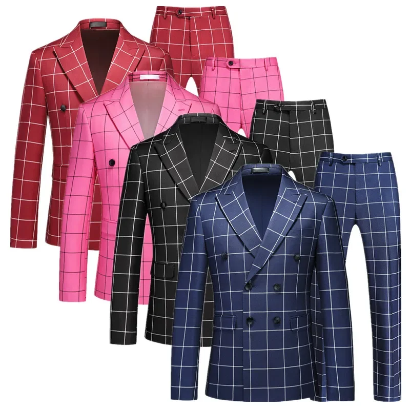 

( Blazer + Pant ) Men Groom Wedding Suits High Quality Business Social Prom Party Double Breasted Plaid Dress 2 Piece Set