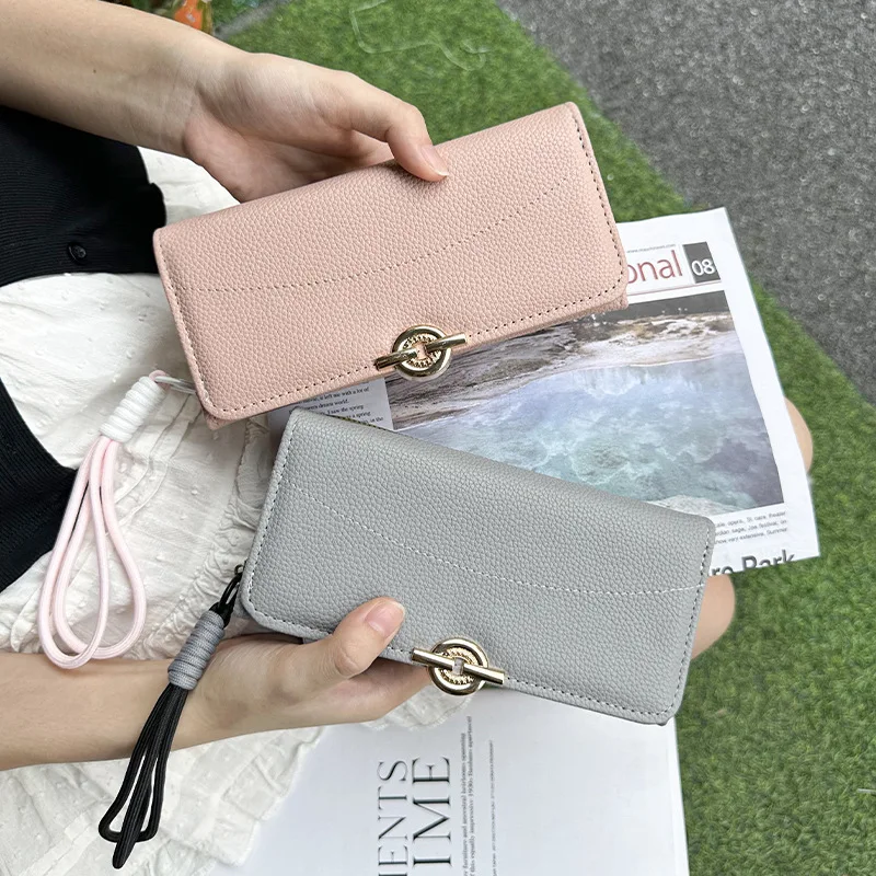 New Women's Long Clip Leather Clutch Coin Pouch PU Leather Tri-fold Long Wallet with Wristband Large Capacity Card Slot Card Bag