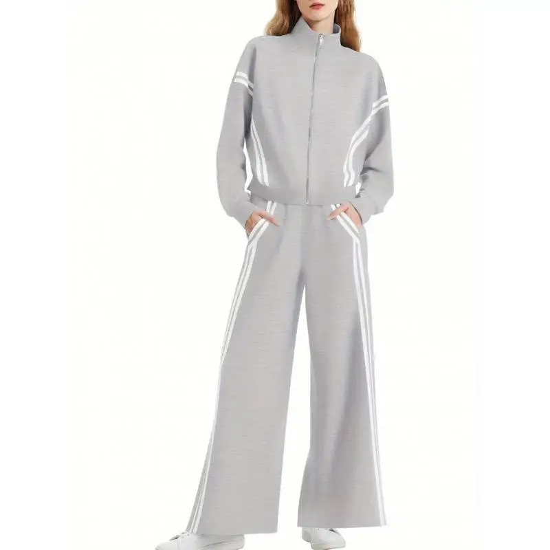 Roupas femininas de 2 peças com zíper, moletom Cleanfit Sle, cintura baixa, material PVC, calças casuais, adequado para meia-idade