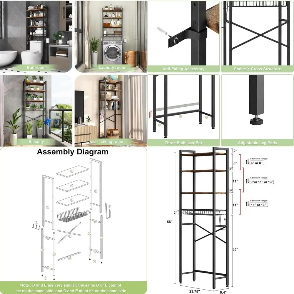 

Over-The-Toilet Storage Rack, 4-Tier Bathroom Organizer Shel Over Toilet with Adjustable Shel and Basket, reestanding Space Save