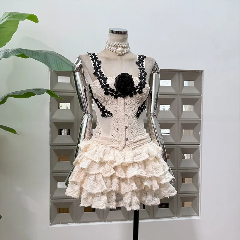 

2026 Pure Desire Lace Carving Vest Skirt Set Summer Par Slimming Underwear High Waist Gown mid Thin No Sve Bal