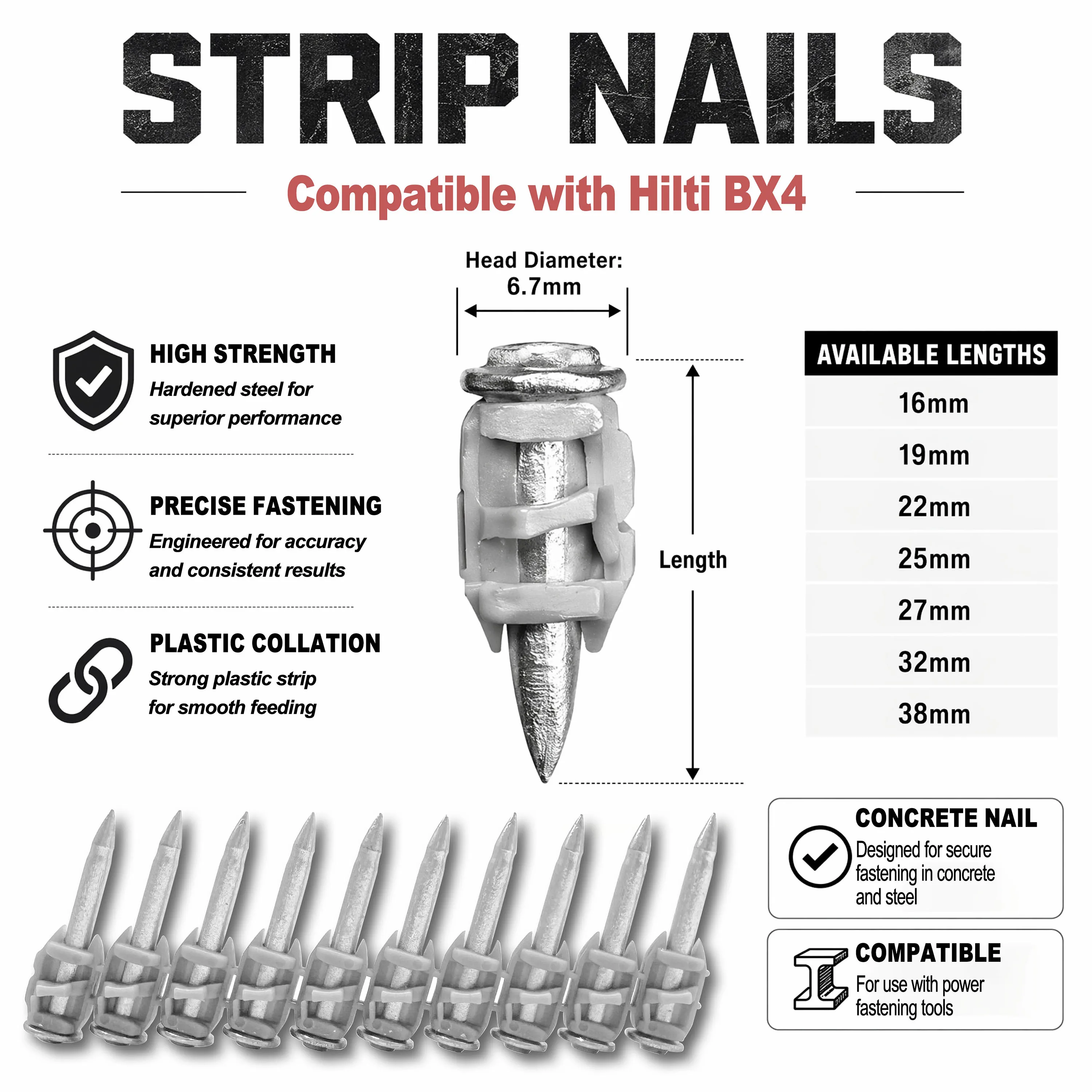 

200PCS Hilti BX4 Compatible Concrete Nail Gun Strip Nails Carbon Steel Galvanized Fastening Nails 19mm