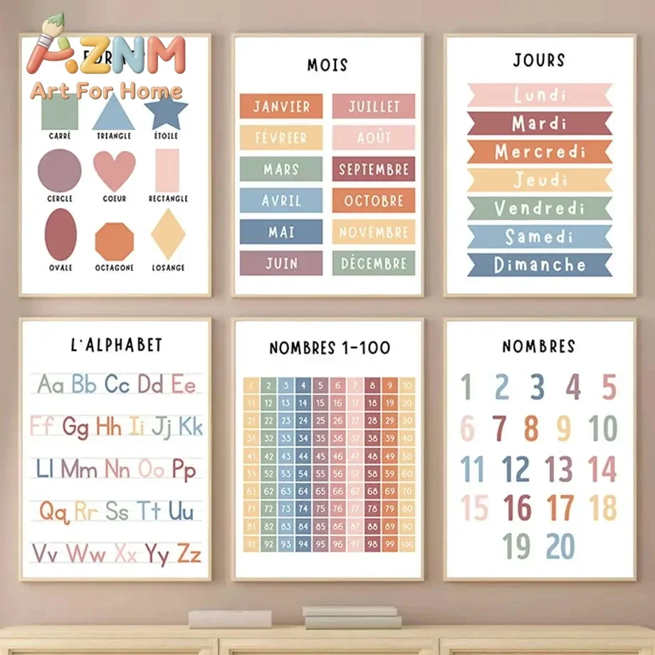 AZNM French Educational Canvas Poster Alphabet Numbers Shapes Months Days Learning Chart Wall Art Nursery Kids Room Decor Unfram
