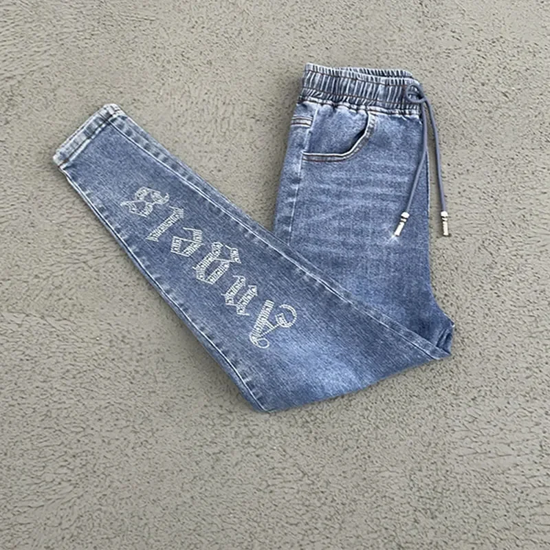 Rhinestones Elastic Waist Elastic Jeans Pencil Pants Spring Summer   Fashion Harem Denim Pants Female Korean Version High Waist