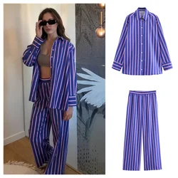 PB&ZA2024 Summer New Women's Fashion and Elegance Casual Versatile Striped Loose Shirt Straight Leg Pants Set