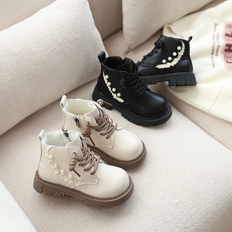 Girls Pearl Ankle Boots Leather Non Slip Flat Sole Kids Fashion Shoes for Toddler All Season Soft Non-Slip Children Boots Shoes