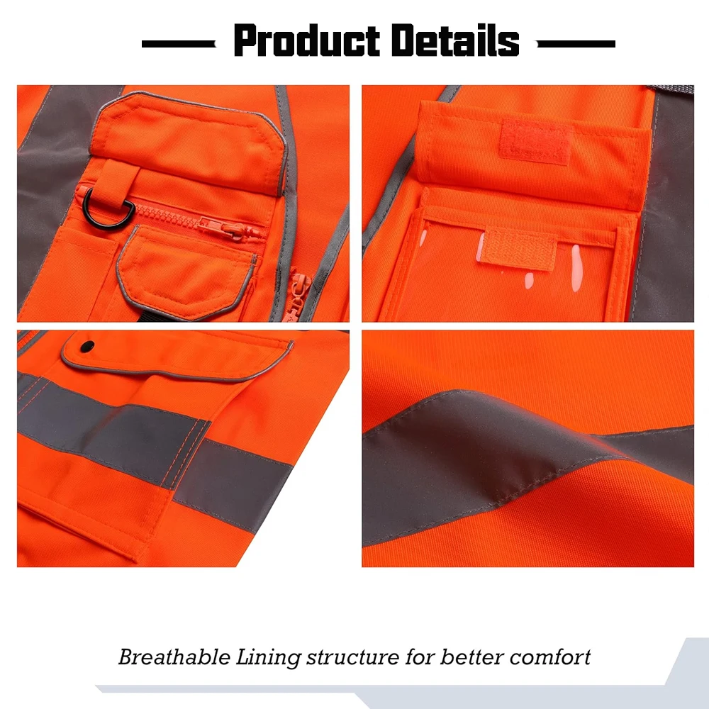 9 Pockets Class 2 High Visibility Reflective Safety Vest for Men Women Work Construction Orange Safety Vests Hi Vis Workwear