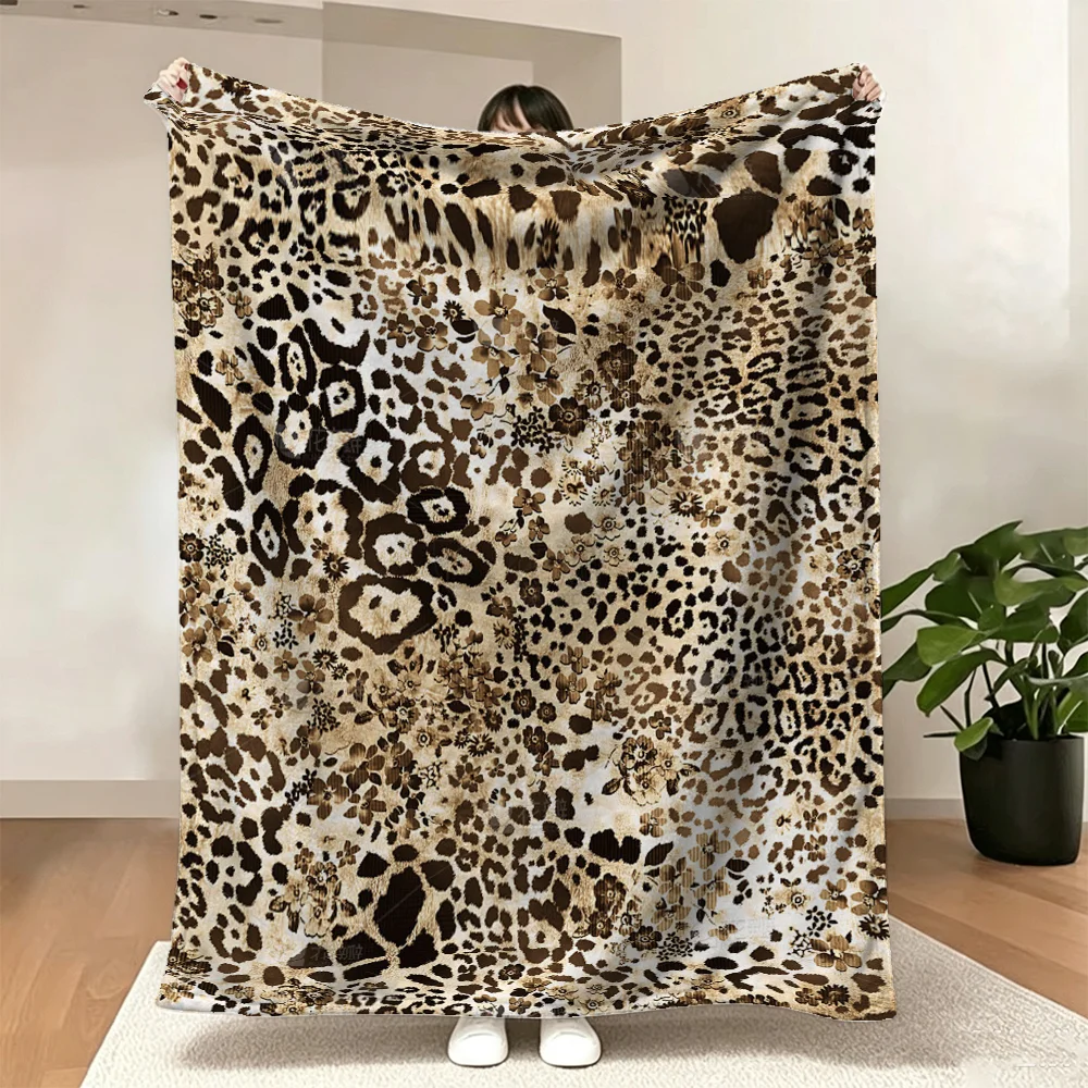 Leopard Print Floral Soft Flannel Blanket Brown Beige Wild Animal Pattern Warm Throw Quilt Bed Sofa Decor