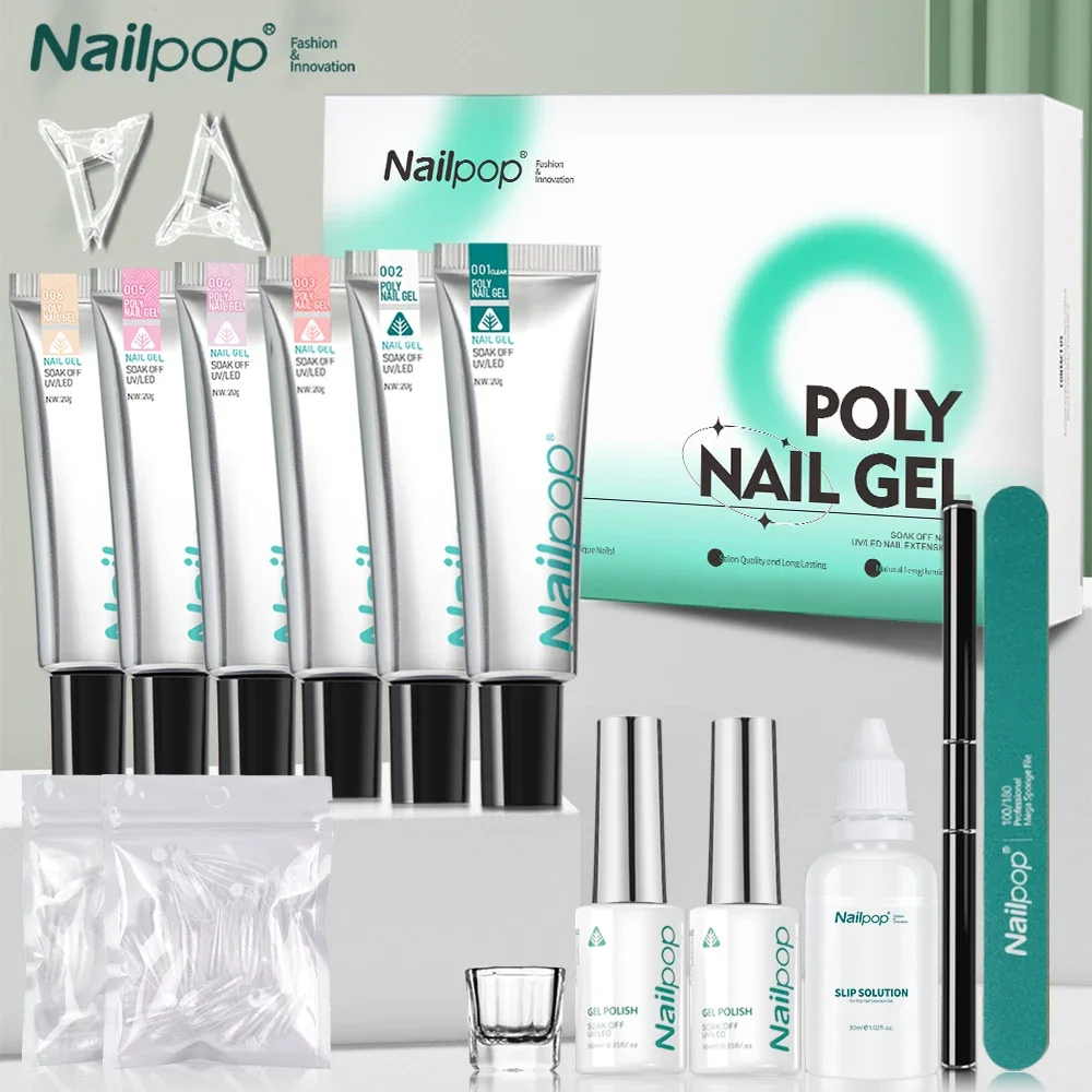 Набор полигеля для наращивания ногтей Nailpop, 6 цветов, розовый, белый, нюдовый гель для ногтей, прозрачный набор для дизайна ногтей с кисточкой и раствором для скольжения, салон ногтей