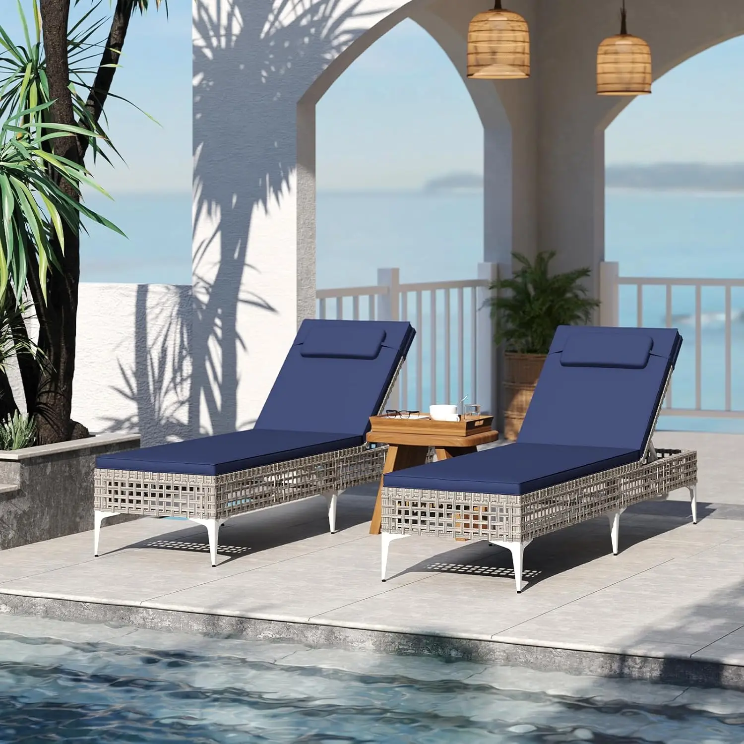 Patio Chaise Lounge Chair, PE Wicker Reclining Sun Lounger with 6-Level Adjustable Backrest, Removable Cushion &, Customized
