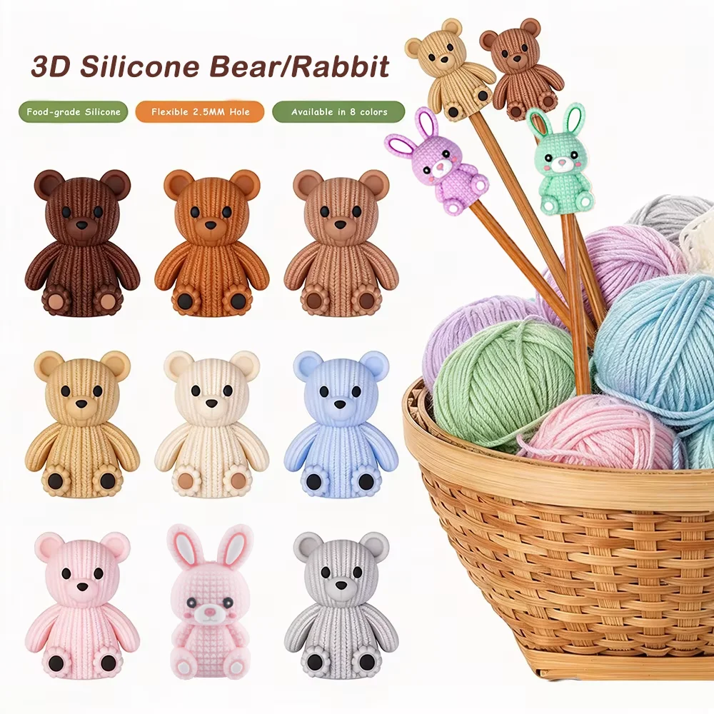 5pcs/lot Texture Rabbit Knitting Bear 3D Silicone Beads 2.5mm Hole Needle Tip Protector DIY For Jewelry Handmade Beaded Pen