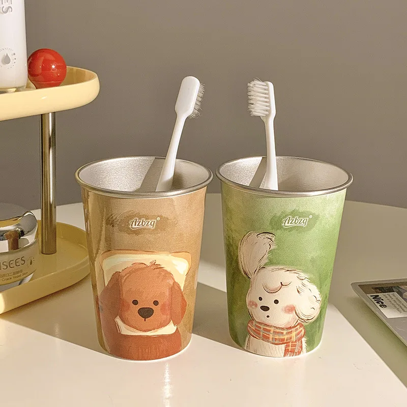 Cute Headache Puppy Cup Simplicity Household Stainless Steel Rinsing Cup High Appearance Level Cartoon Pattern Printed Water Cup