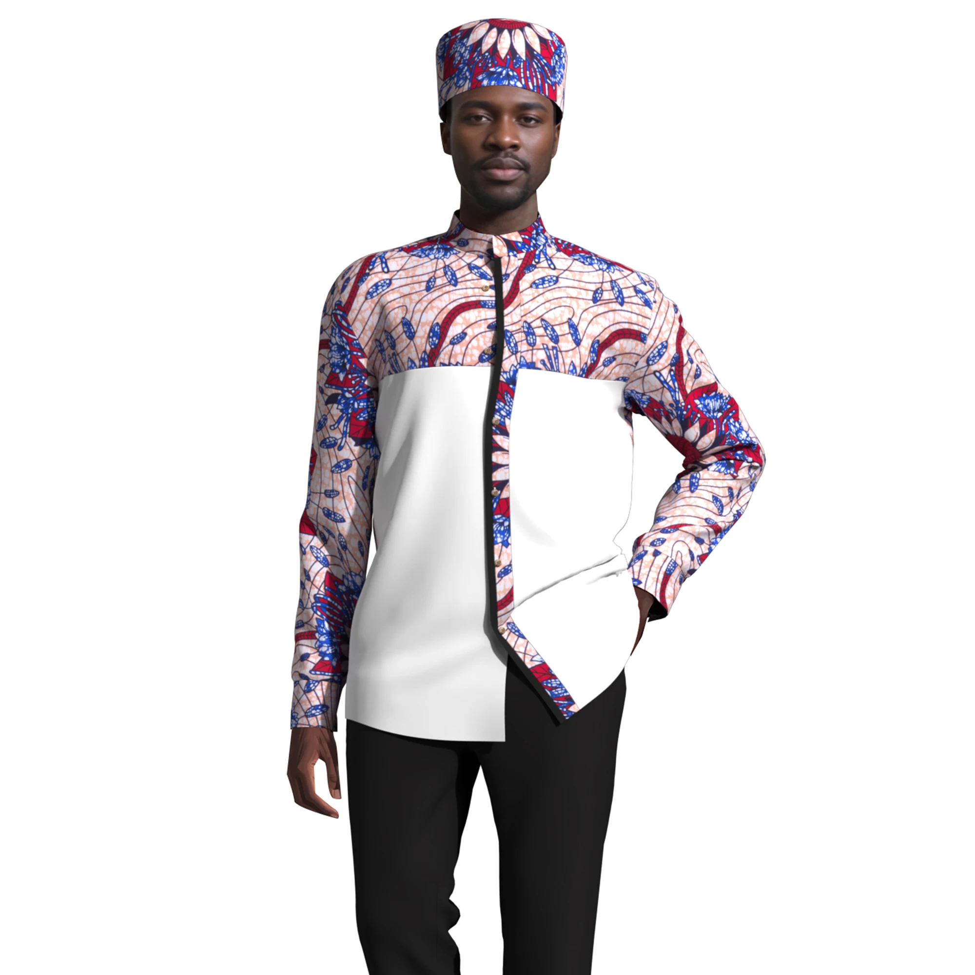 African Print Men 2Pcs Outfit, Spliced Suit Fabric Long Sleeve Shirt & Matching Cap, Multi Colors  WYN2206