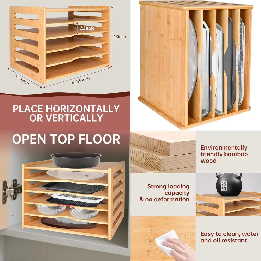 

6-Tier Bamboo Baking Sheet and Cutting Board Organizer for Kitchen Cabinet Storage