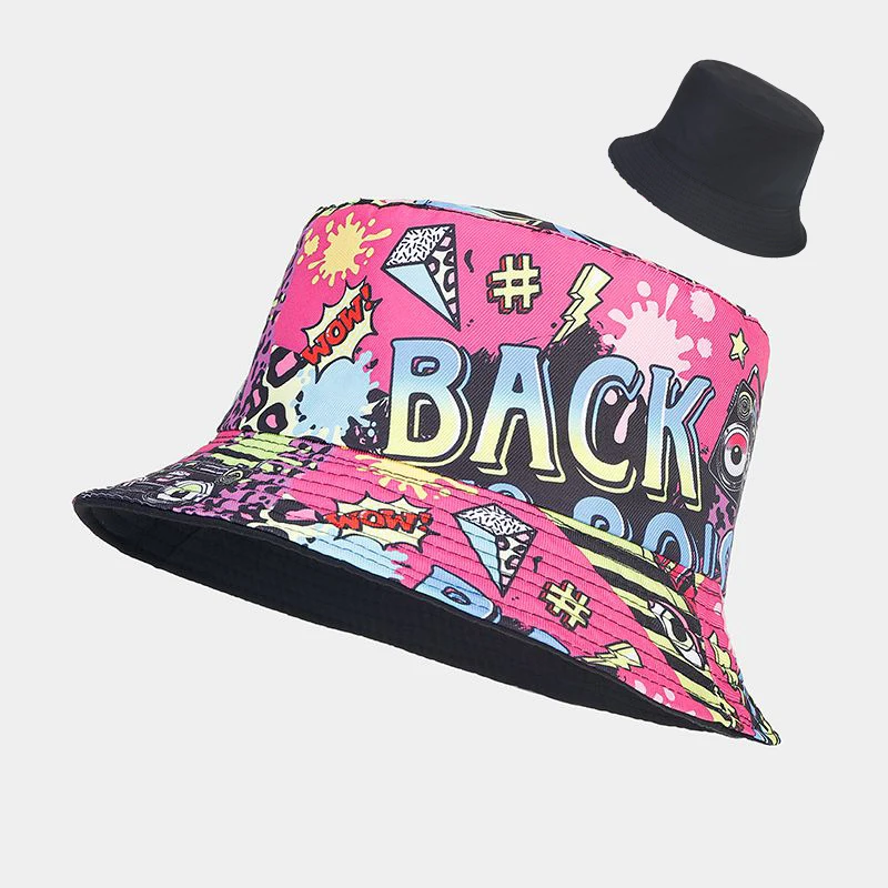 Reversible Graffiti Print Bucket Hat Unisex Casual Sun Hat Foldable Outdoor Fisherman Cap for Men Women