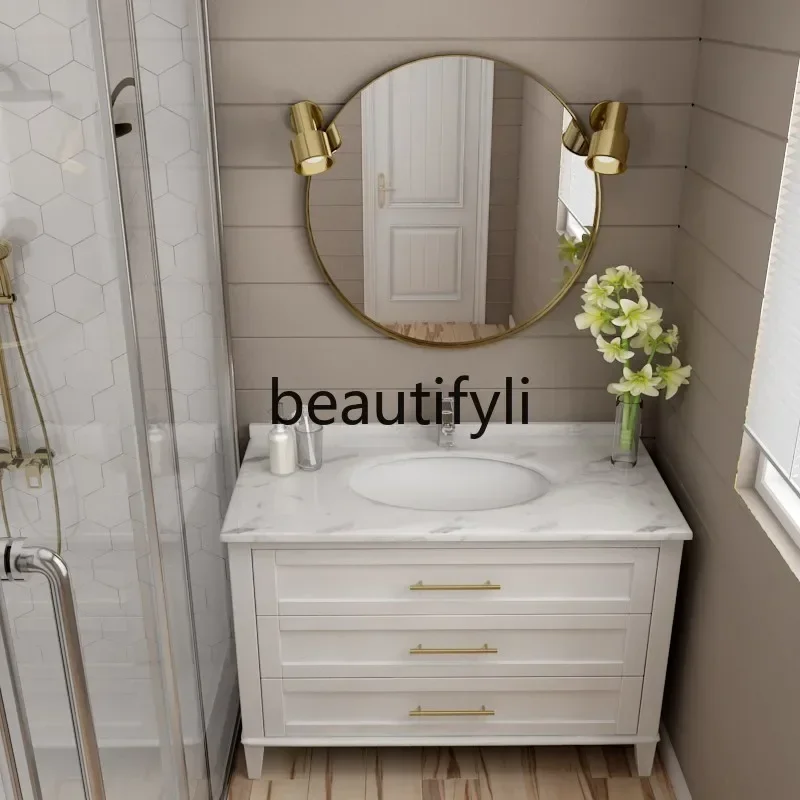 

A15 Light luxury rock slab bathroom cabinet combination solid wood floor American bathroom washstand washstand bathroom cabinet
