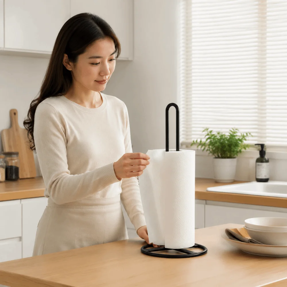 

New Steel Paper Towel Holder Matte Black Easy to Use Papertowel Holder Sturdy Standing Design Paper Dispenser Desktop Use