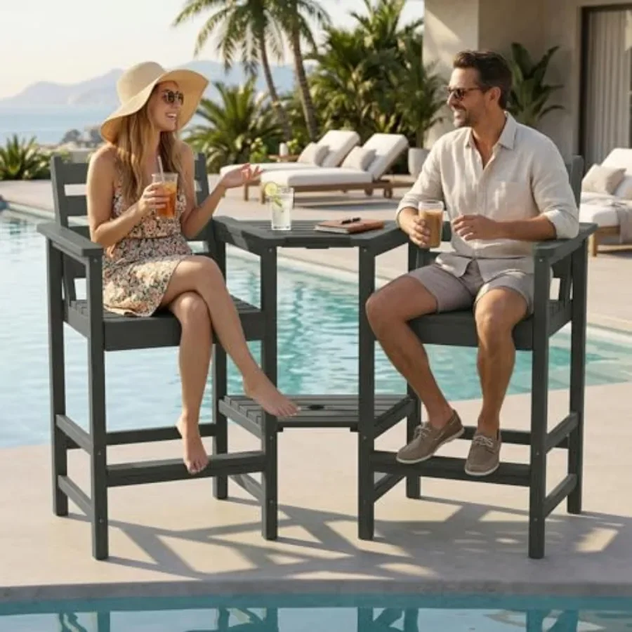 Outdoor tall Adirondack chairs set of 2 with double connecting trays, gray polywood, weather-resistant and ergonomic design