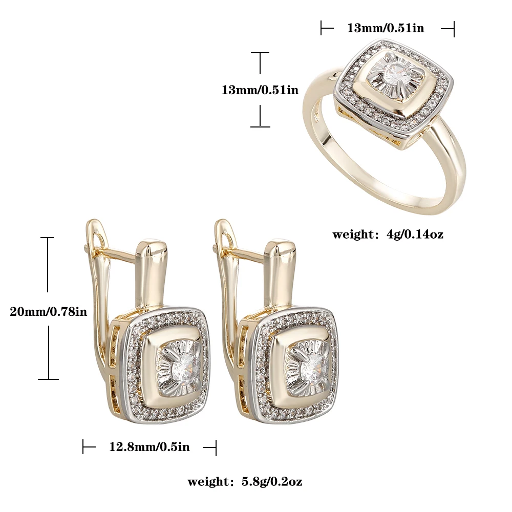 Doppellagiges, quadratisches Kissen-Set mit Zirkonia-Ohrringen und einem passenden Ring, ein luxuriöses Schmuckset für Verlobung, mit Diamanten. – Detail 1