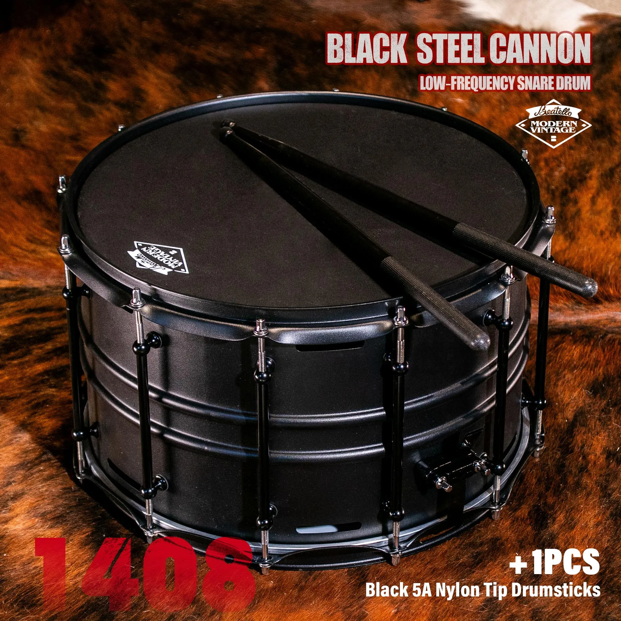 

14x8 Inch Low Frequency Snare Drum Black Steel Shell With PVC Heads Nylon Sticks Powerful Punch Drum Projection