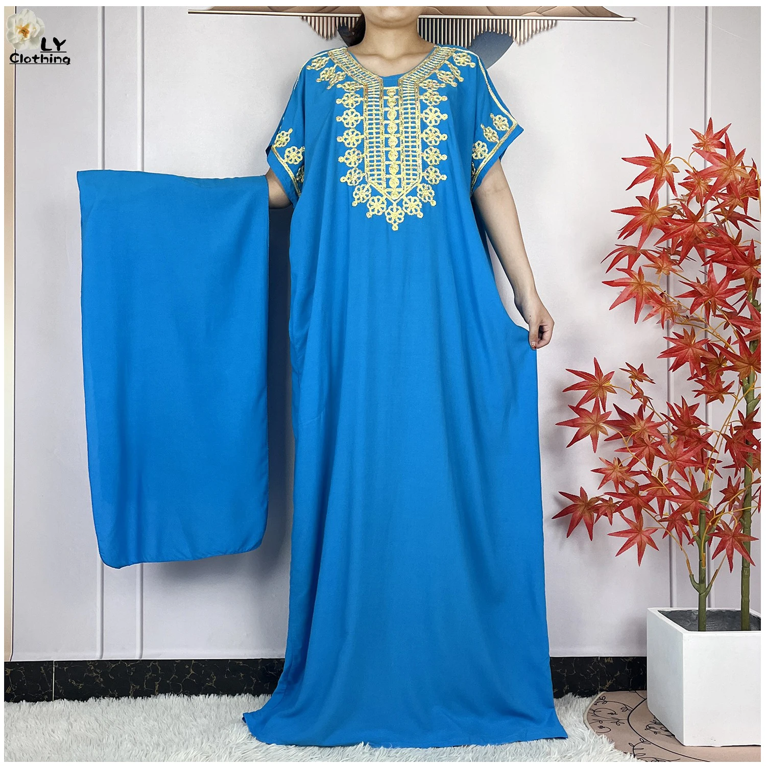 Muslim Abayas For Women 2024 New Summer Pure Color Cotton Short Sleeves Robe African Islam Tradition Femme Dress With Headscarf