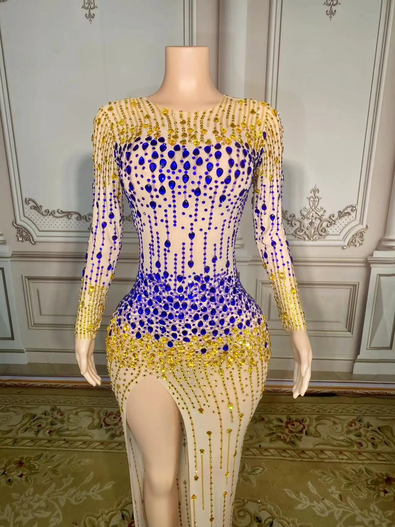 

Sparkly Multi-color Rhinestones Long Dress Birthday Celebrate Transparent Dress Women Dancer Dresses