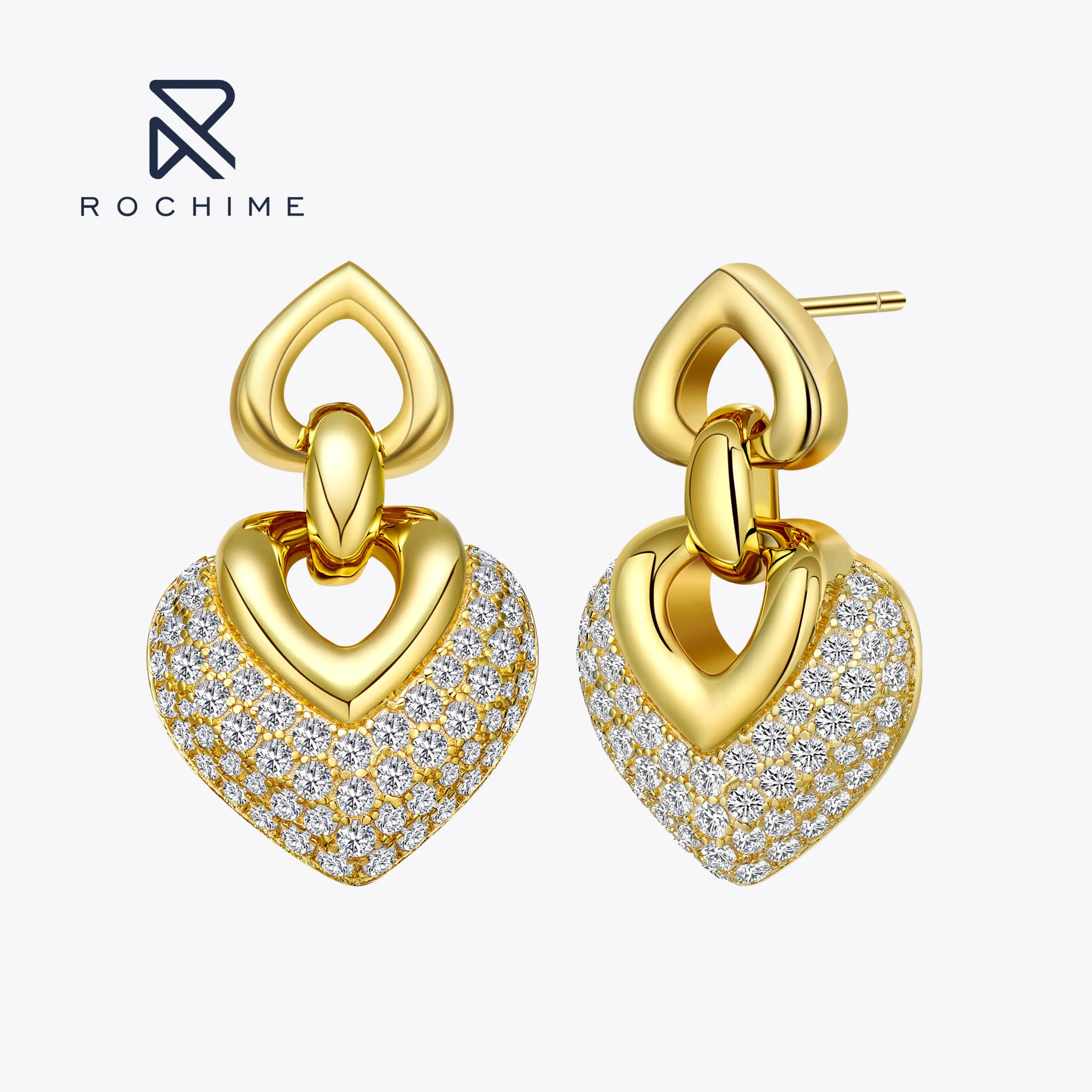 

Rochime New Arrival Design Vintage Heart 18k Yellow Gold Plated Diamond Earrings Silver 925 Jewelry Accessories