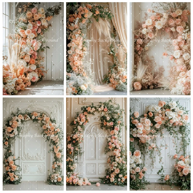 

Wedding Party Bridal Shower Pregnant Portrait Photography Backdrop Pink White Rose Flower Wreath Green Plant Curtain Background