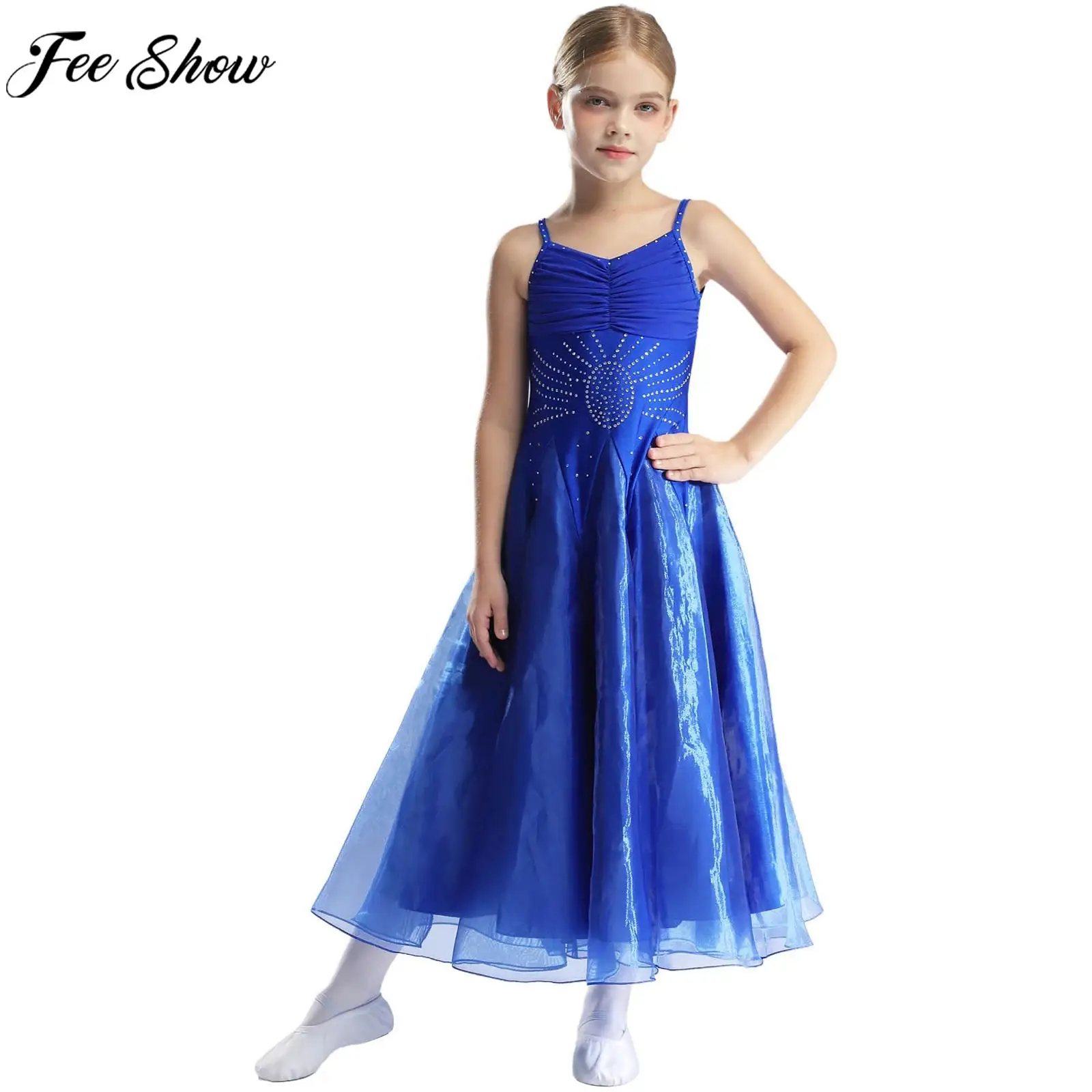 Children Girls Modern Lyrical Dance Dress Ballroom Dancing Waltz Costume Spaghetti Straps Shiny Rhinestones Wide Hem Dancewear