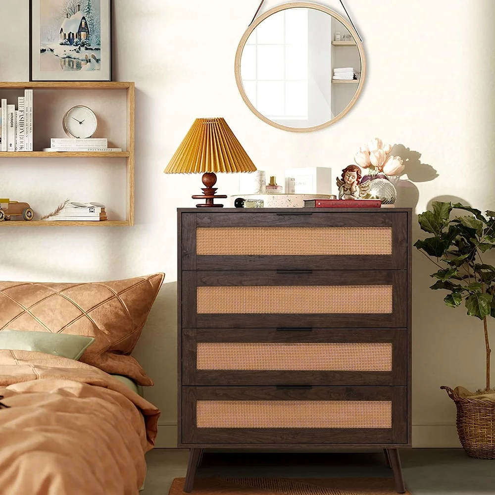 

Brown Rattan Dresser For Bedroom Wide Chest Of Drawers With 4 Drawers Storage Cabinet Living Room