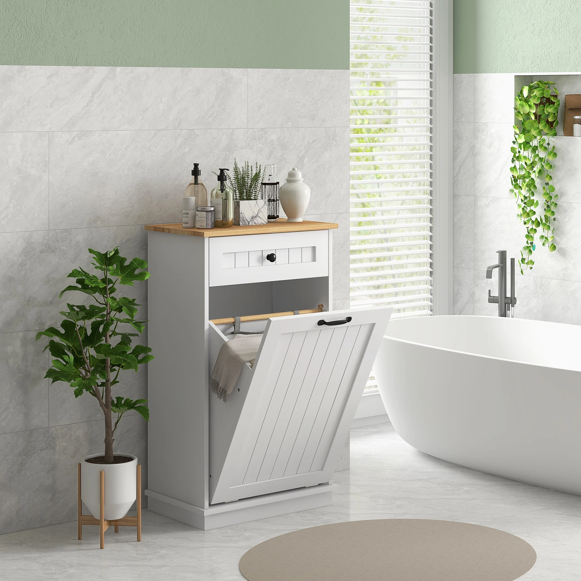 HOMCOM Mueble Auxiliar de Baño con Cesto para la Ropa 52x33x90 cm Blanco