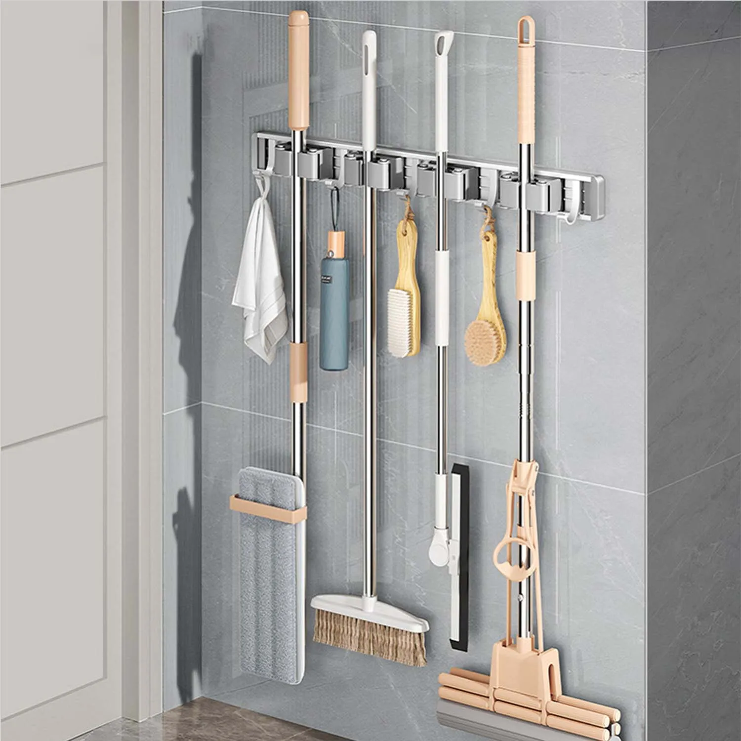 Mop Organizer Wall Mounted Broom Holder Mop Clip Stand Brush Rack Hanging Hook Kitchen Organization Bathroom Accessories Tools