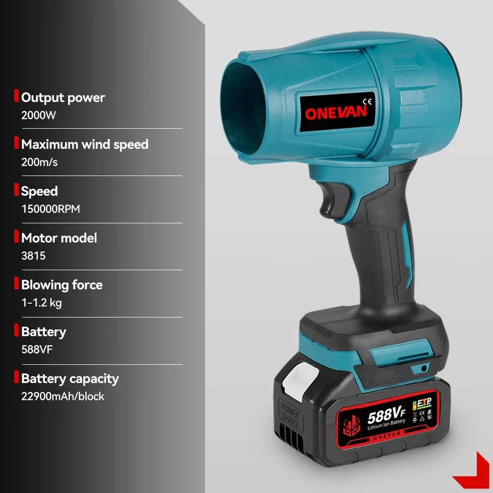 ONEVAN 송풍기 브러시리스 2000W, 200 M/S 제트 터보 송풍기,전기 터보 송풍기 제트 선풍기, 격렬한 자동차 건조기, 마키타 18V 배터리용 휴대용 먼지 블로잉 도구,