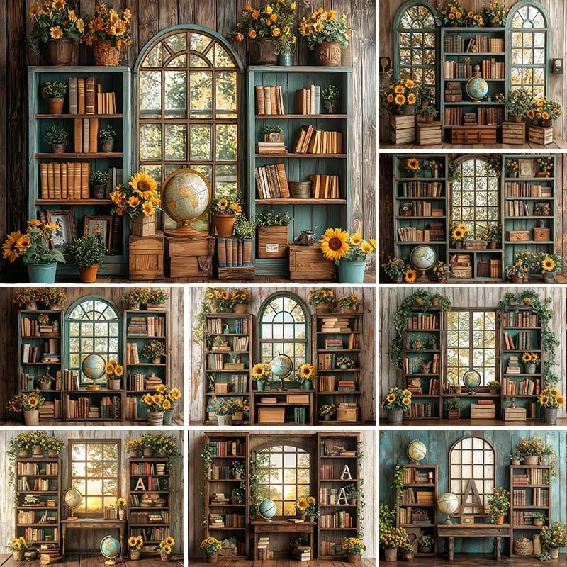 

LS Back to School Party Backdrop for Student Photography Bookshelf Window Floor Background Kid Cake Smash Photo Studio