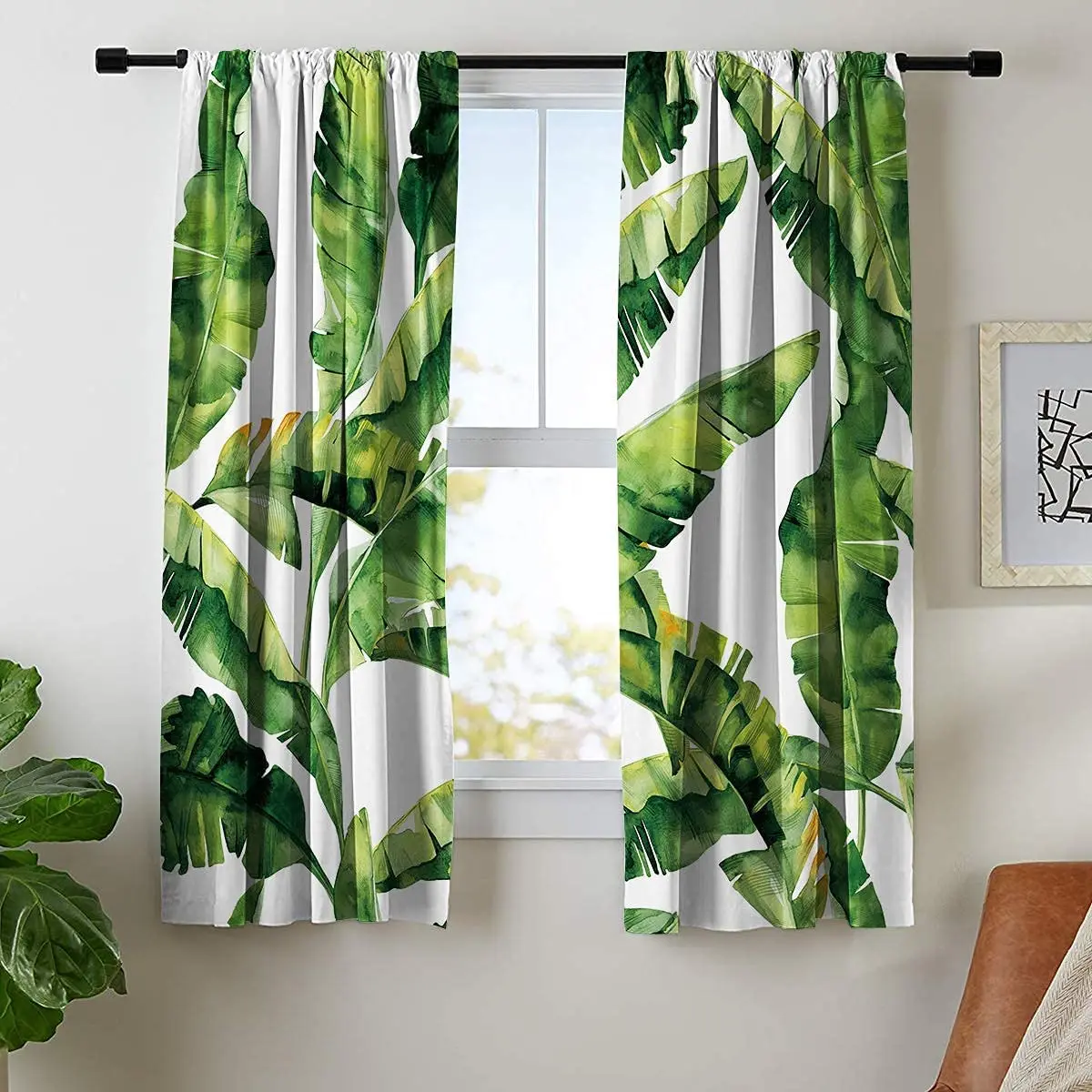 Tropical Leaf Curtain for Living Room, Bedroom Window, Green and White Plant, Hawaii Watercolor Botanical, Banana Tree Drapes