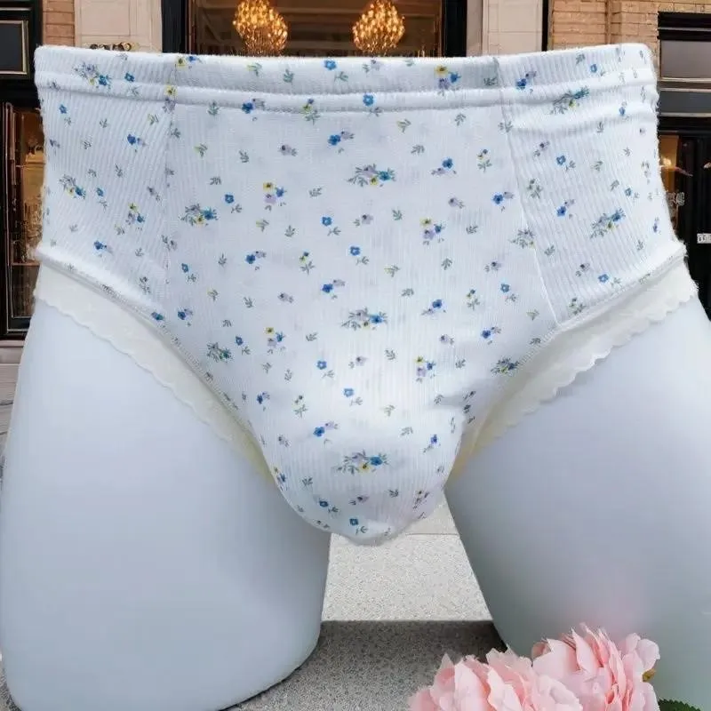 Sweet Sissy Soft Comfortable Elastic Panties Man Underwear Little Flower Lace Trim Convex Pouch Man's Briefs