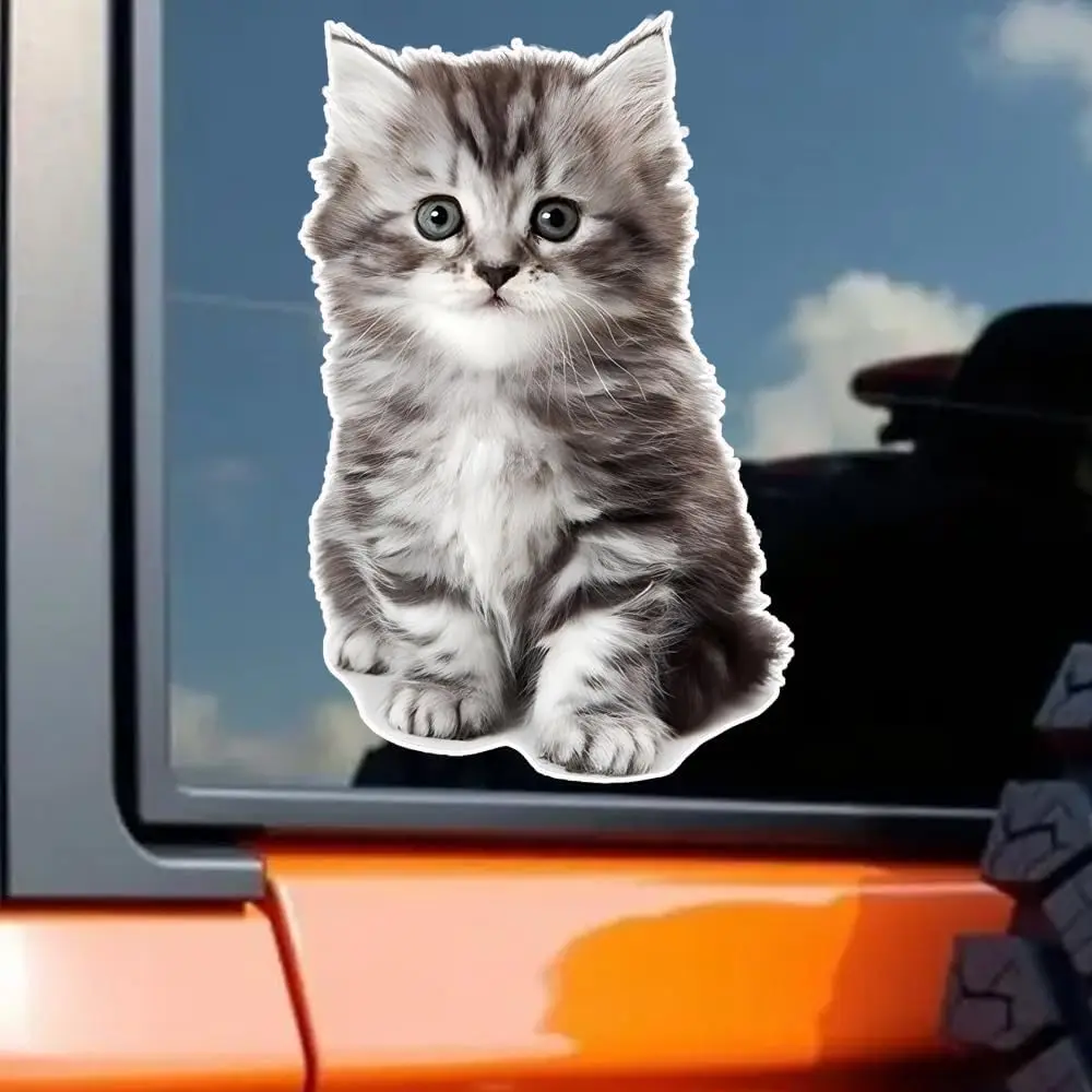 1Pc 2D Flat Grey Kitten Waterproof Vinyl Sticker, Cute Pet Decal For Car Motorcycle Laptop Wall Window Decor